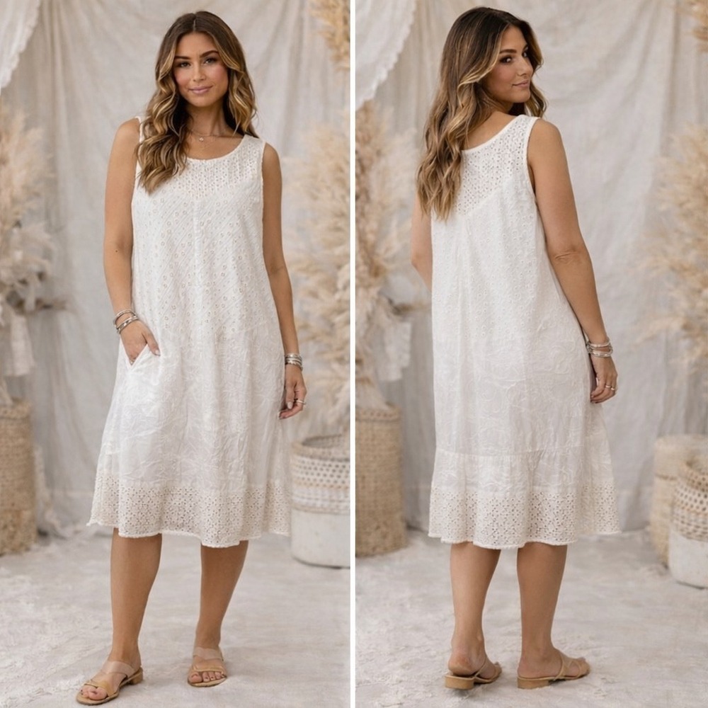 Sundance White Eyelet Embroidered Cotton Boho Cottage Sleeveless Midi Dress 16